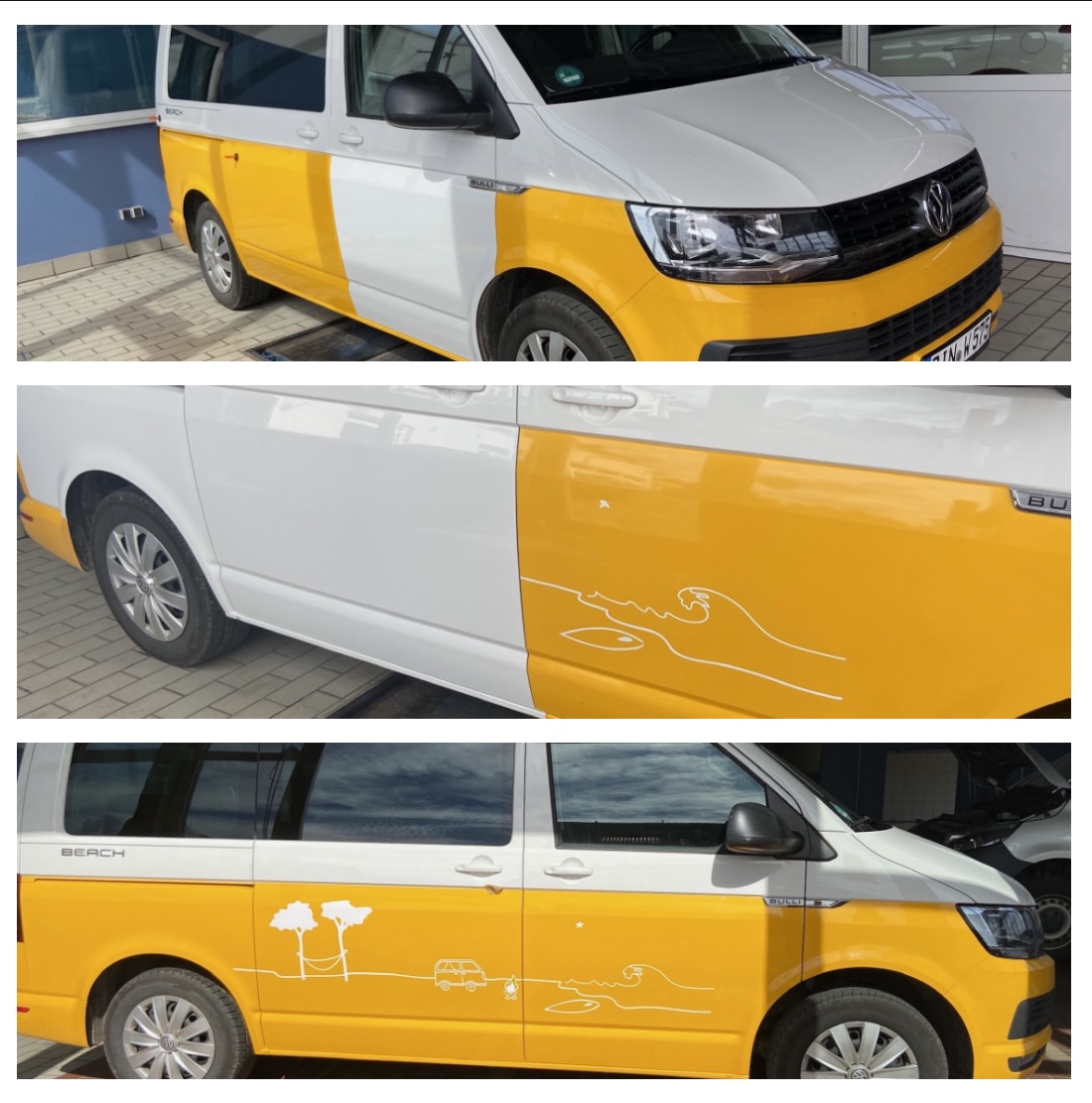 VW Bus mit zweifarbiger Folierung und Design-Beschriftung