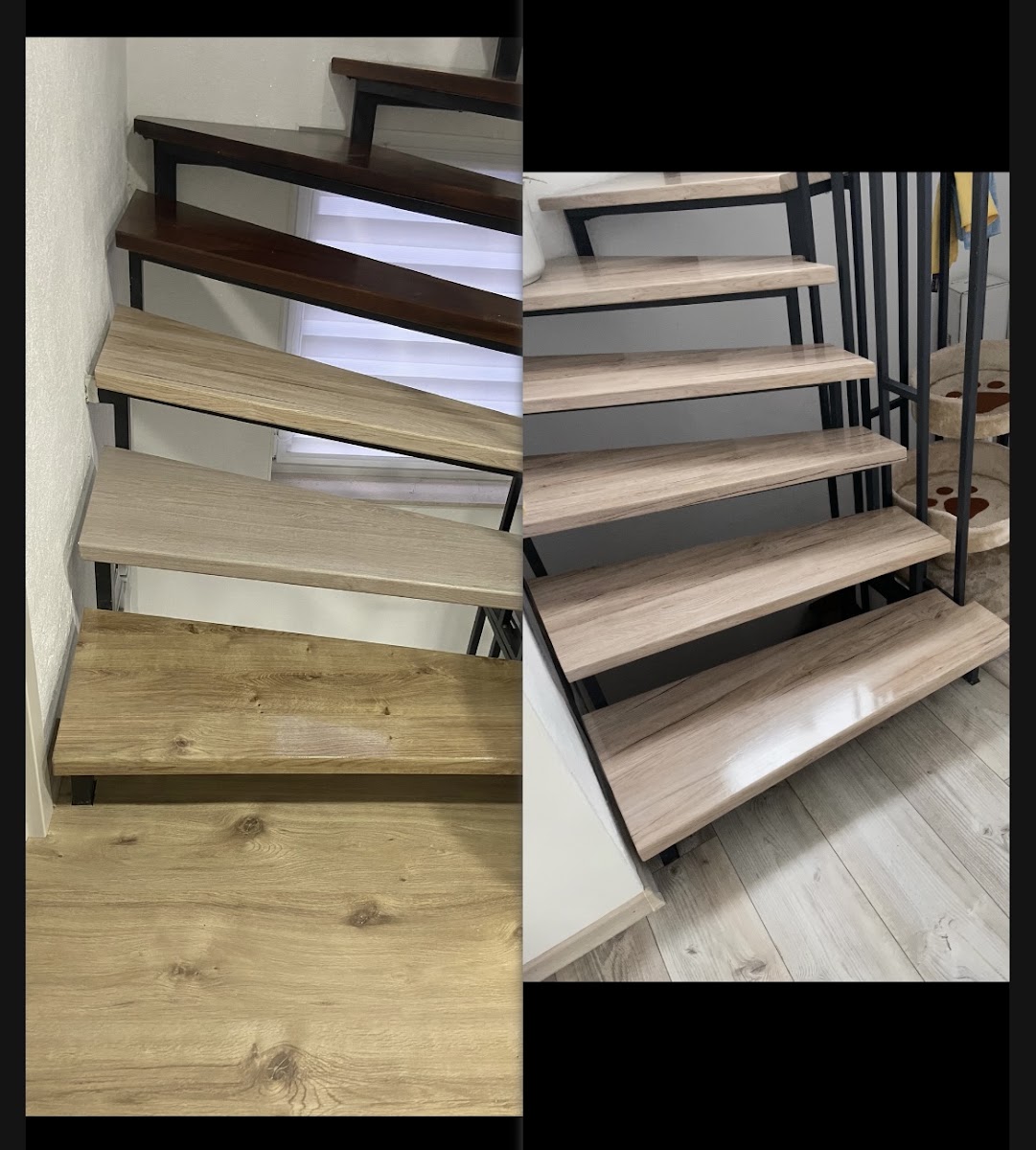 Treppenstufen in Holzoptik-Folie, vorher und nachher